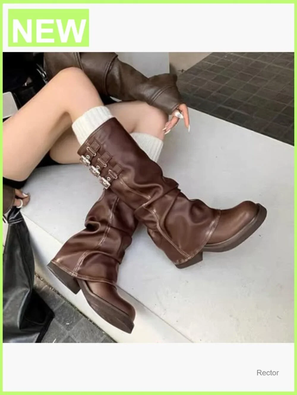 Fold Over Knee High Slouch Boots Chunky Goth Platform Square Toe Riding Boots